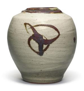 Hamada Shōji - the stoneware vase of red clay body, with brown and pale grey glazes with an abstract design