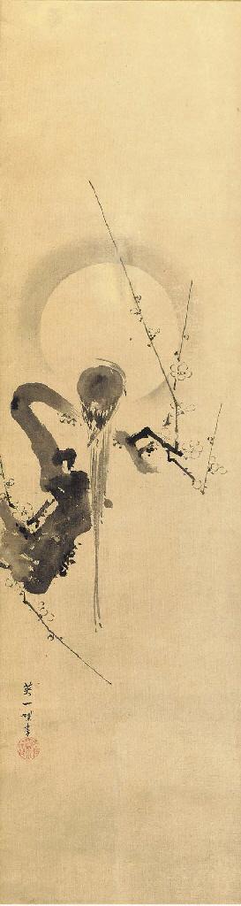 Hanabusa Itcho - Bird on plum branch in moonlight