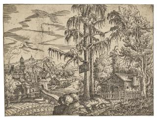 Hanns Lautensack - Landscape with a View on a Farmer\'s Cottage and a Town near a River