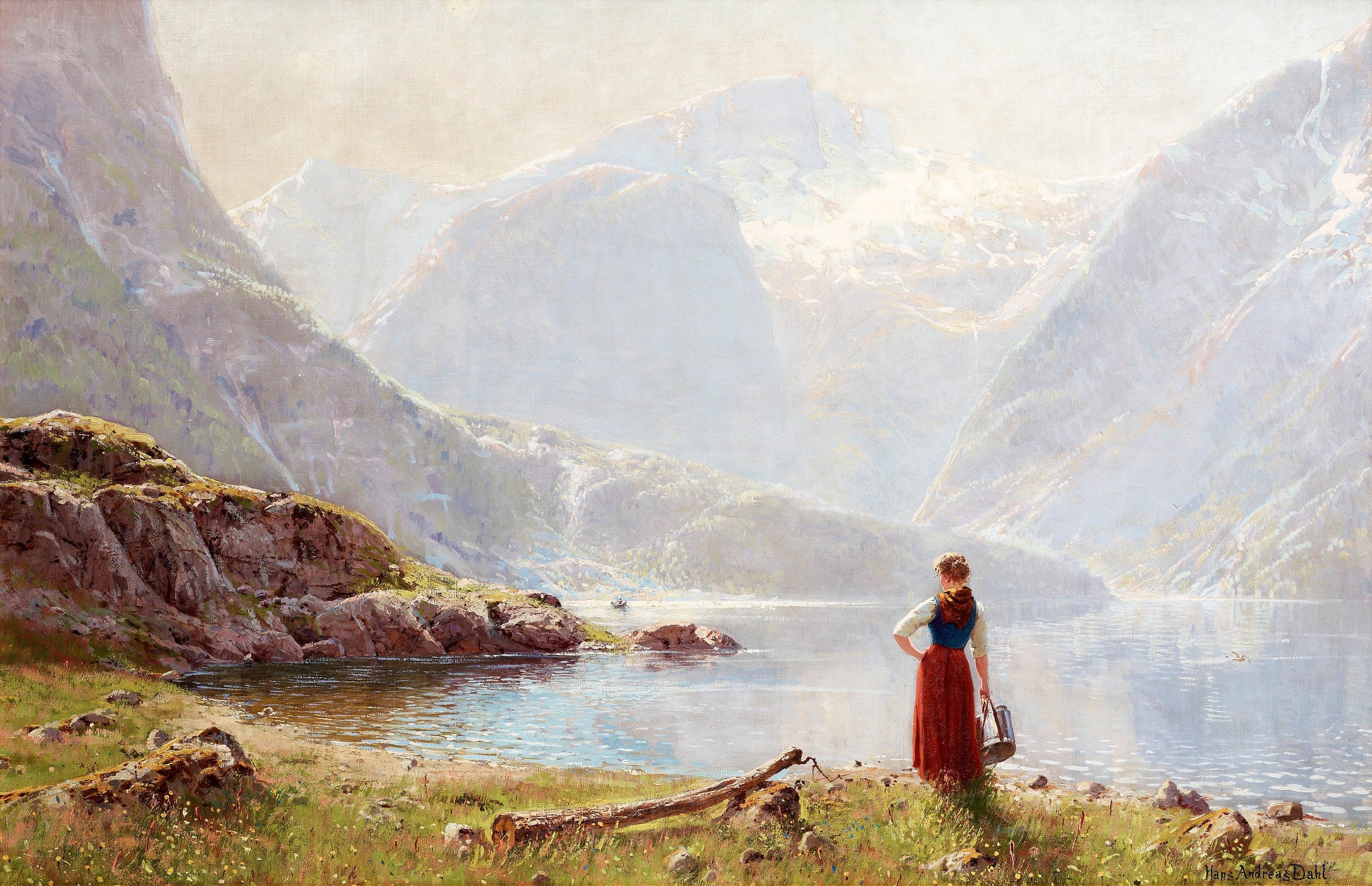 Hans Andreas Dahl - A young girl by a fjord