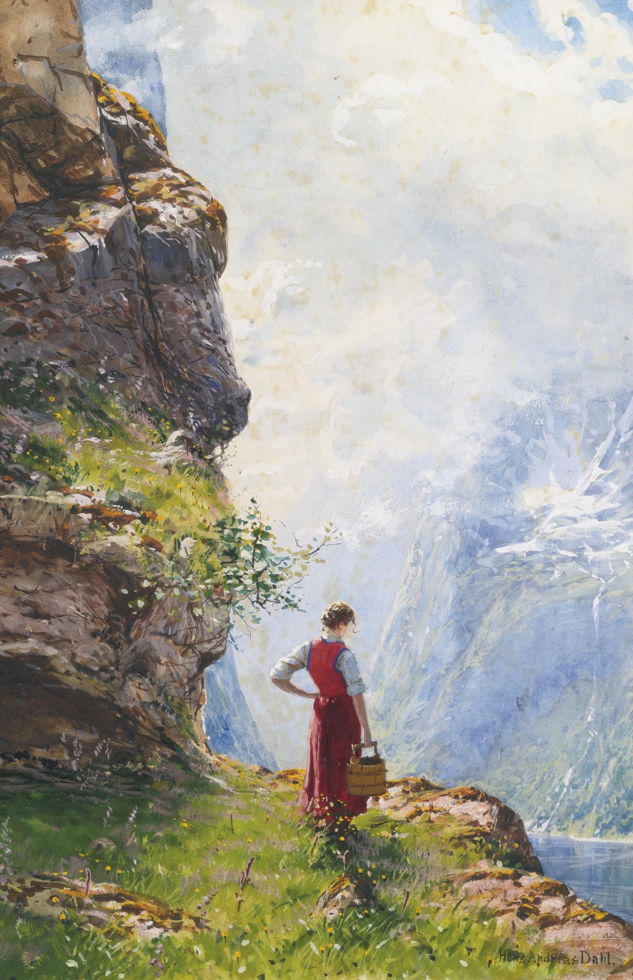 Hans Andreas Dahl - A Young Girl By A Fjord