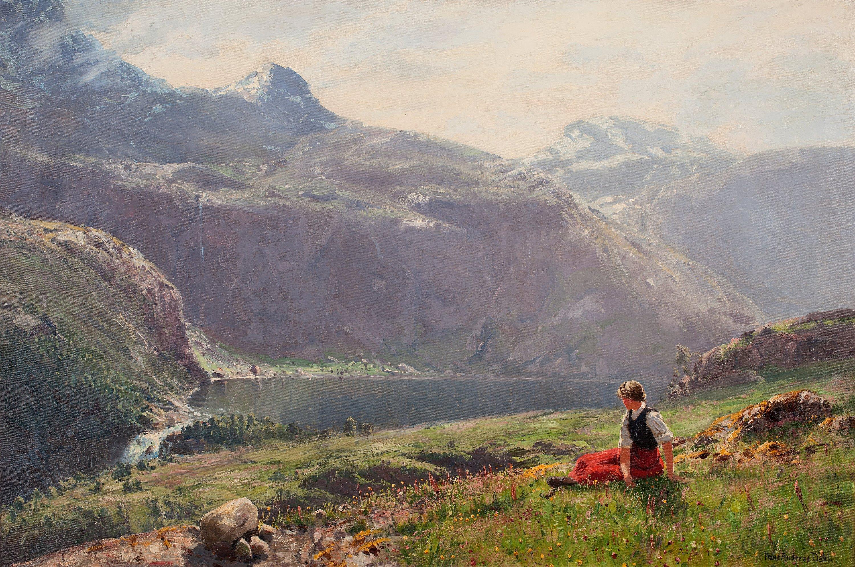 Hans Andreas Dahl - Young girl in a fjordlandscape