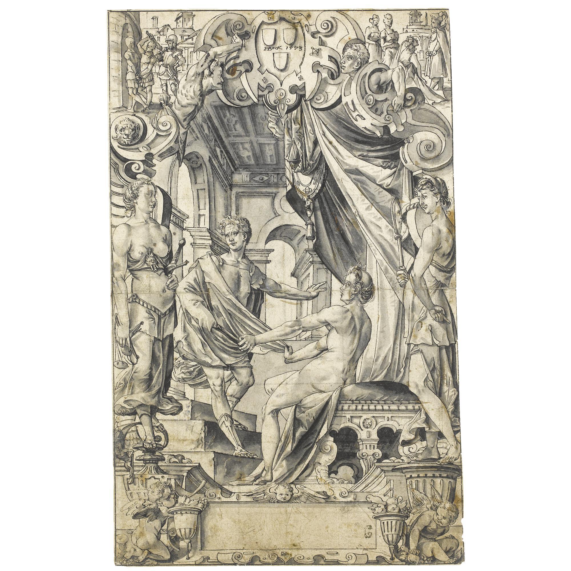 Hans Bock the Elder - Joseph And Potiphar\'S Wife, Flanked By Justice And Prudence