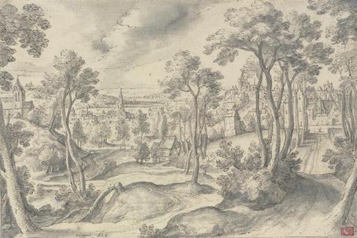 Hans Bol - A distant view of a town, with a wooded road in the foreground