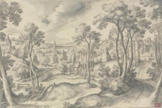 Hans Bol - A distant view of a town, with a wooded road in the foreground