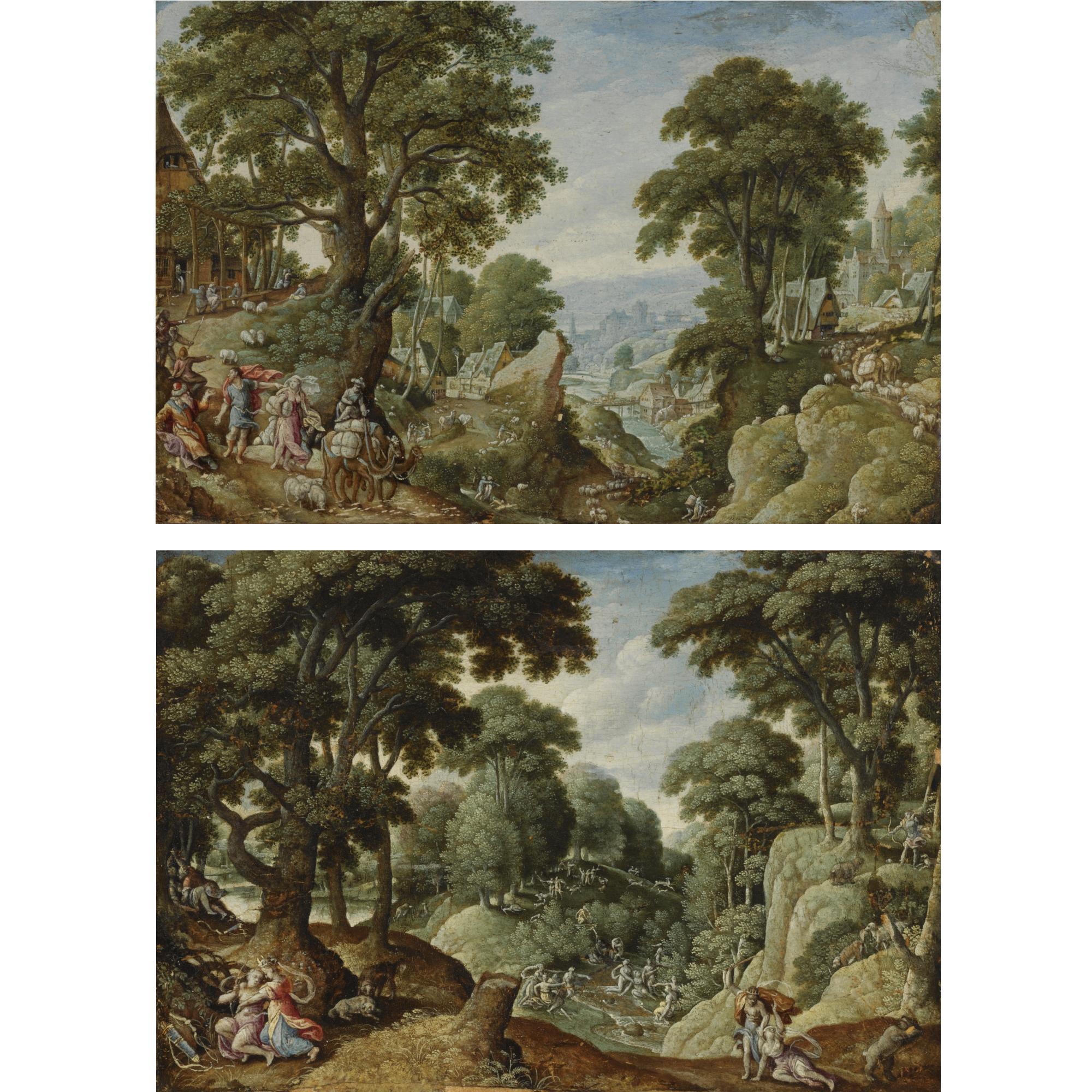 Hans Bol - A Hilly Wooded Landscape With The Return Of Jacob To Canaan; A Hilly Wooded Landscape With Scenes Of The Life Of Diana