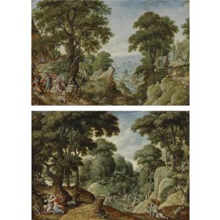 Hans Bol - A Hilly Wooded Landscape With The Return Of Jacob To Canaan; A Hilly Wooded Landscape With Scenes Of The Life Of Diana