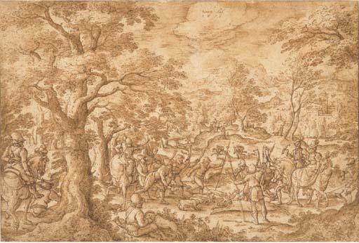 Hans Bol - A stag hunt with huntsmen holding a stag at bay, an elegant horseman with a falcon and his companion riding sidesaddle to the right