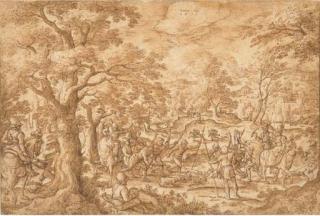 Hans Bol - A stag hunt with huntsmen holding a stag at bay, an elegant horseman with a falcon and his companion riding sidesaddle to the right