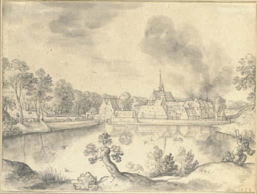 Hans Bol - A village before a lake, with two figures in the foreground