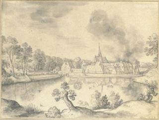 Hans Bol - A village before a lake, with two figures in the foreground