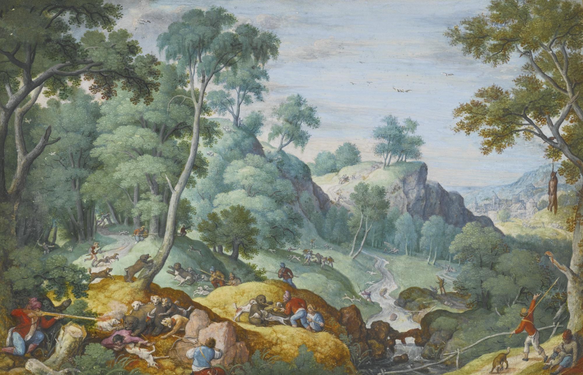 Hans Bol - An Extensive Landscape With A Bear Hunt