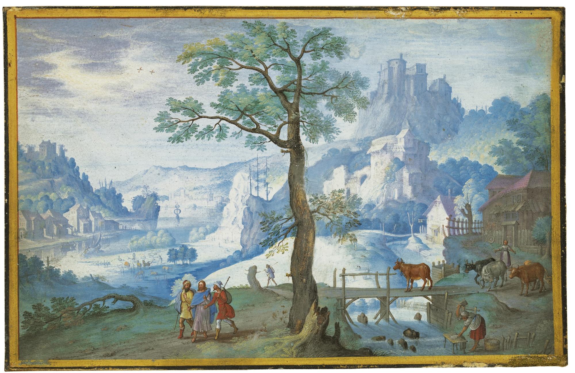 Hans Bol - Landscape With Christ On The Road To Emmaus, A Woman Herding Cattle To The Right