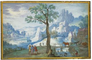 Hans Bol - Landscape With Christ On The Road To Emmaus, A Woman Herding Cattle To The Right