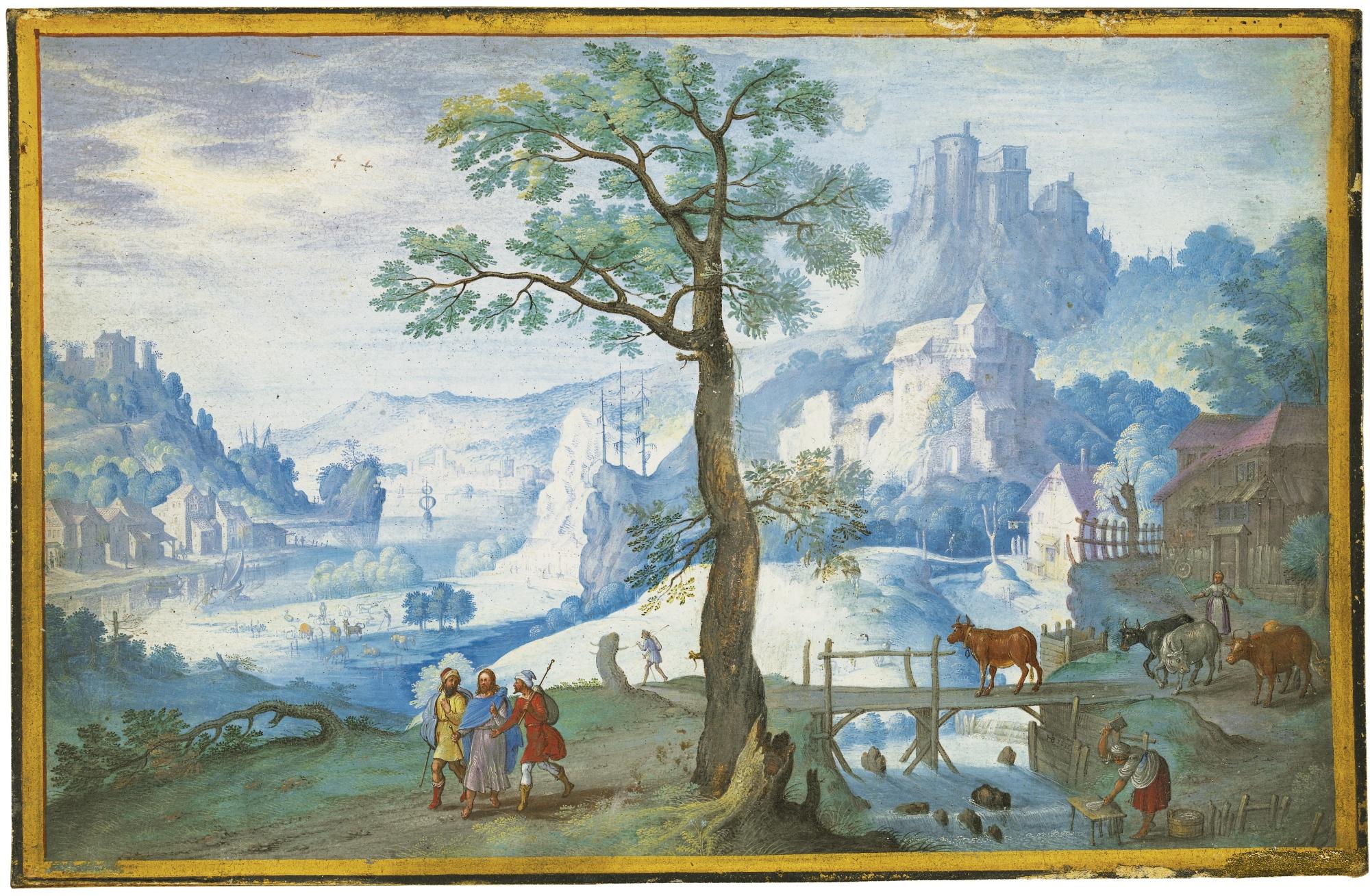 Hans Bol - Landscape With Christ On The Road To Emmaus, A Woman Herding Cattle To The Right