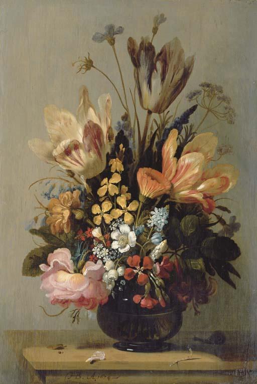 Hans Bollongier - Tulips, a rose, bluebells and other flowers in a glass vase on a wooden ledge, with a snail and a caterpillar