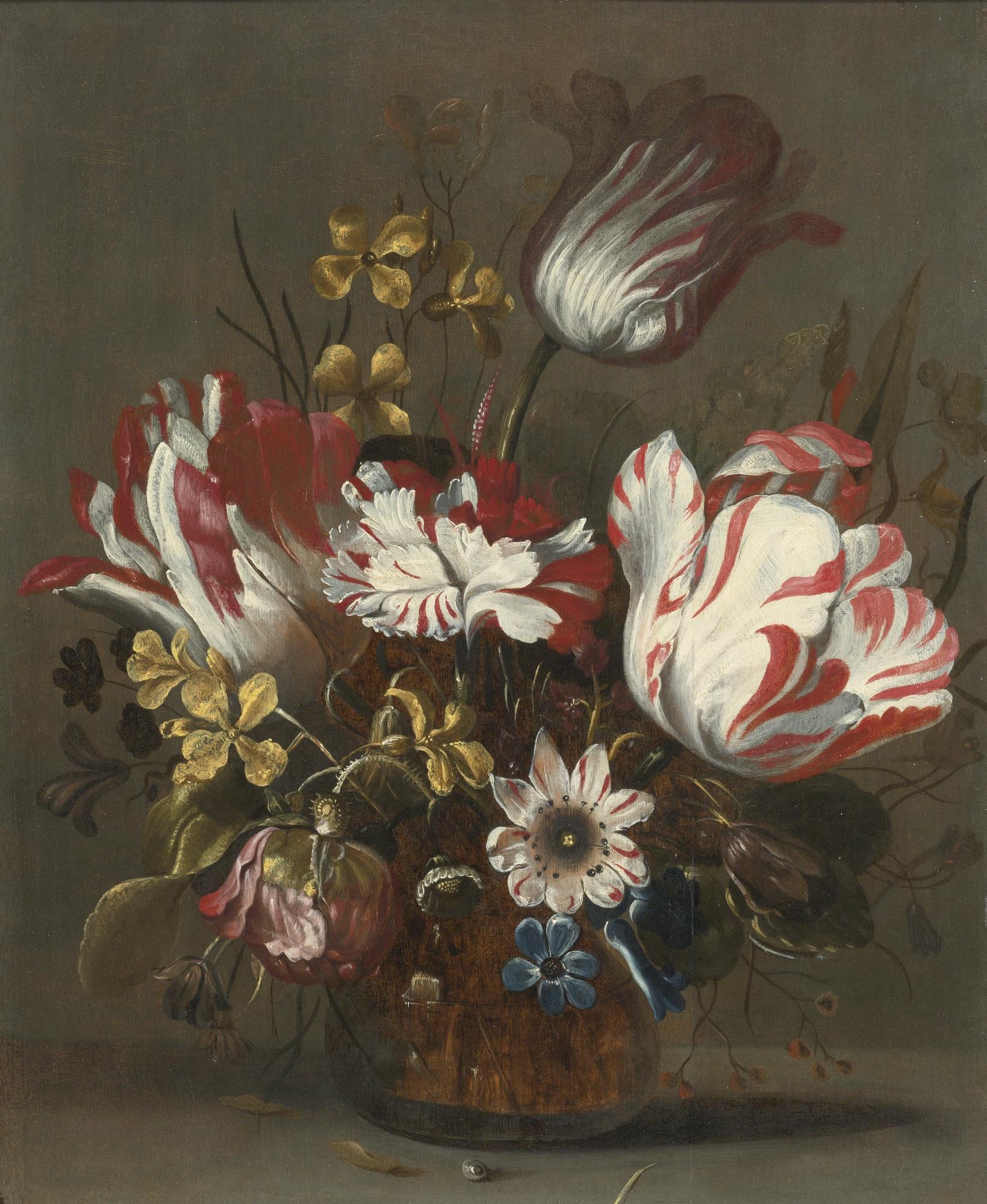 Hans Bollongier - Tulips And Other Flowers In A Glass Vass