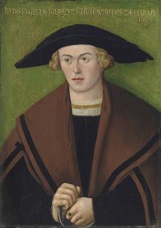 Hans Brosamer - Portrait of Jochum Wirman, half-length, in black robes and a brown cloak, wearing a hat