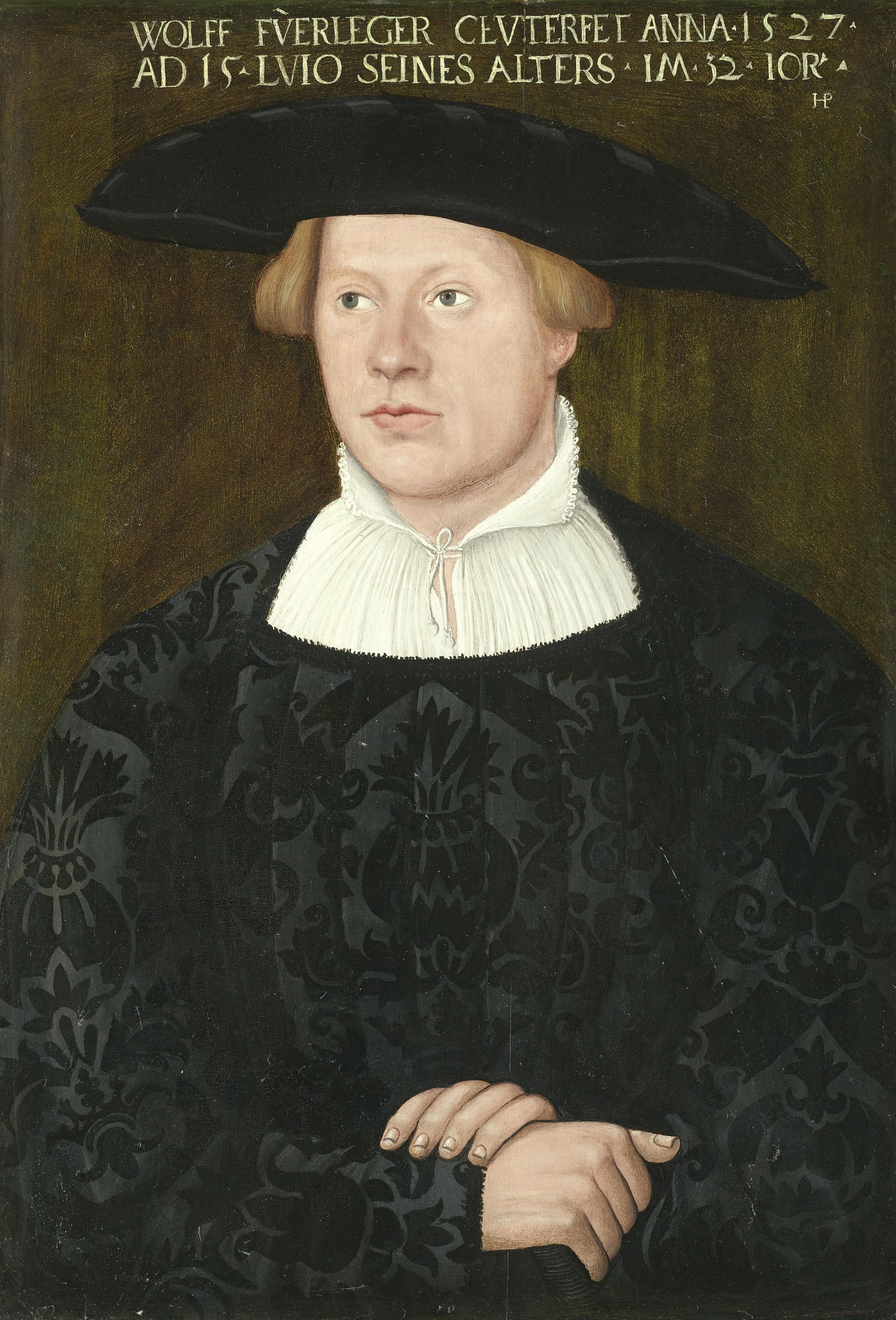 Hans Brosamer - Portrait Of Wolff Fuerleger, Aged 32, Three-Quarter Length, Wearing An Embroidered Black Coat