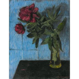 Hans Brühlmann - Dunkelrote Pfingstrosen Vor Blauem Grund, 1903 Dark Red Peonies With Blue Background, 1903