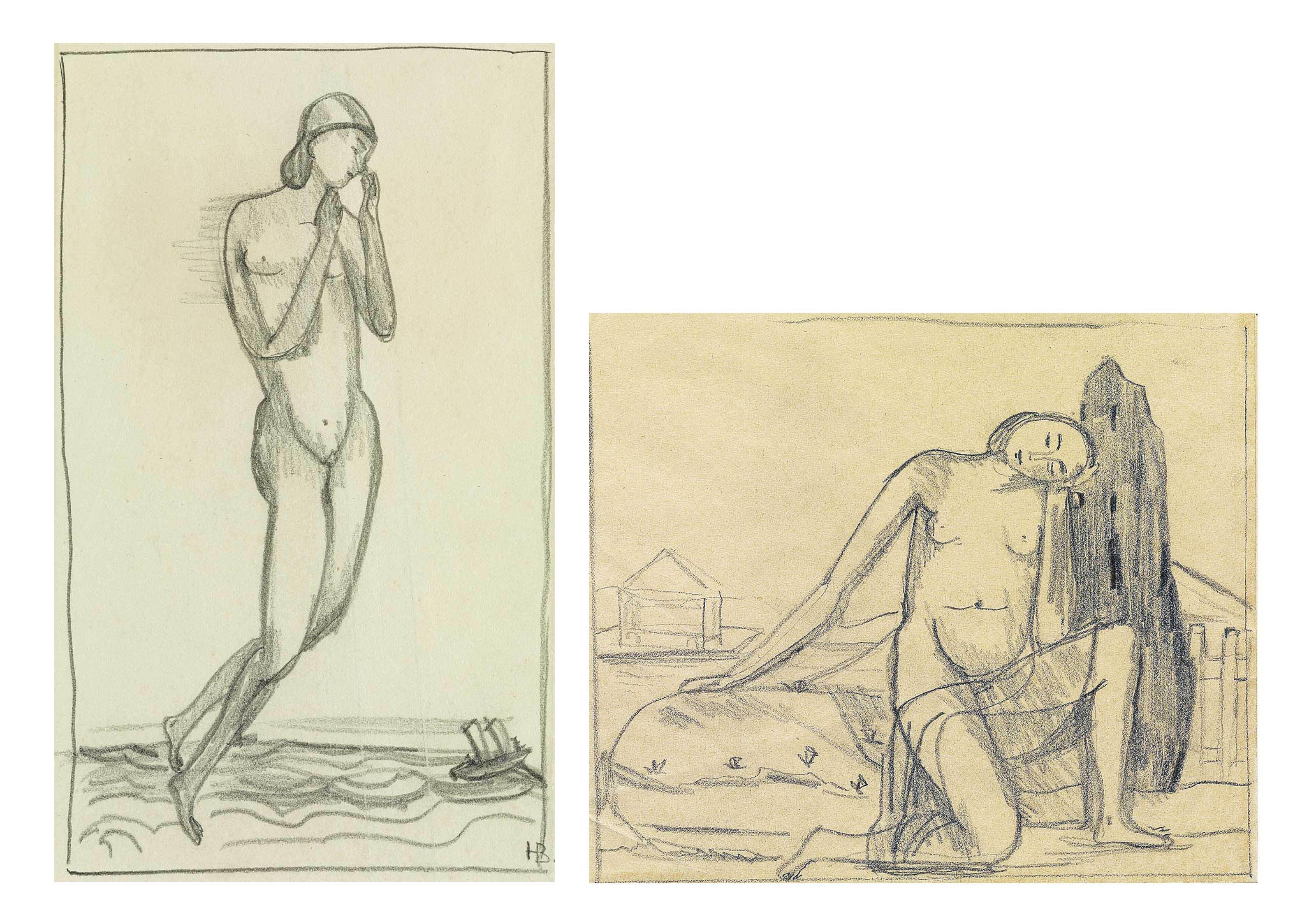 Hans Brühlmann - Sammelnummer von zwei Werken: Schwebende über Meer mit Schiff, 1910/11  Kniender Frauenakt mit aufgesetztem Kopf vor Garten, 1910/11