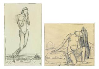Hans Brühlmann - Sammelnummer von zwei Werken: Schwebende über Meer mit Schiff, 1910/11  Kniender Frauenakt mit aufgesetztem Kopf vor Garten, 1910/11