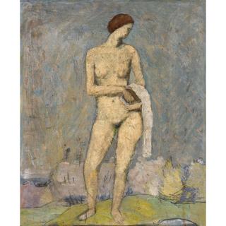Hans Brühlmann - Stehender Frauenakt Mit Tuch Standing Nude With Shawl