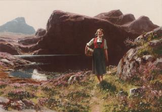 Hans Dahl - A girl on a sunlit track before a fjord