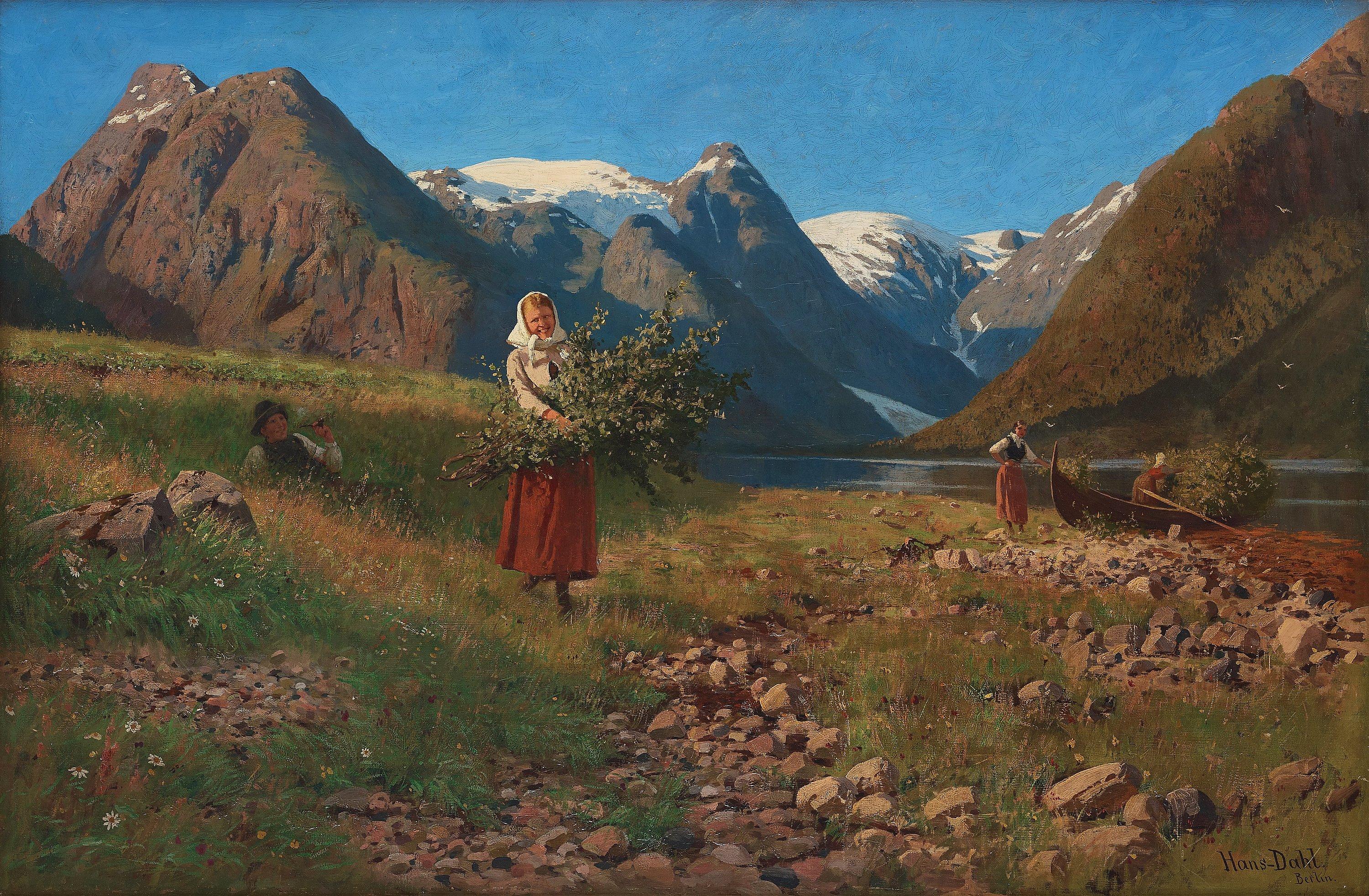 Hans Dahl - Fjordlandskap med figurer som plockar ris