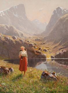 Hans Dahl - Girl by a mountain lake