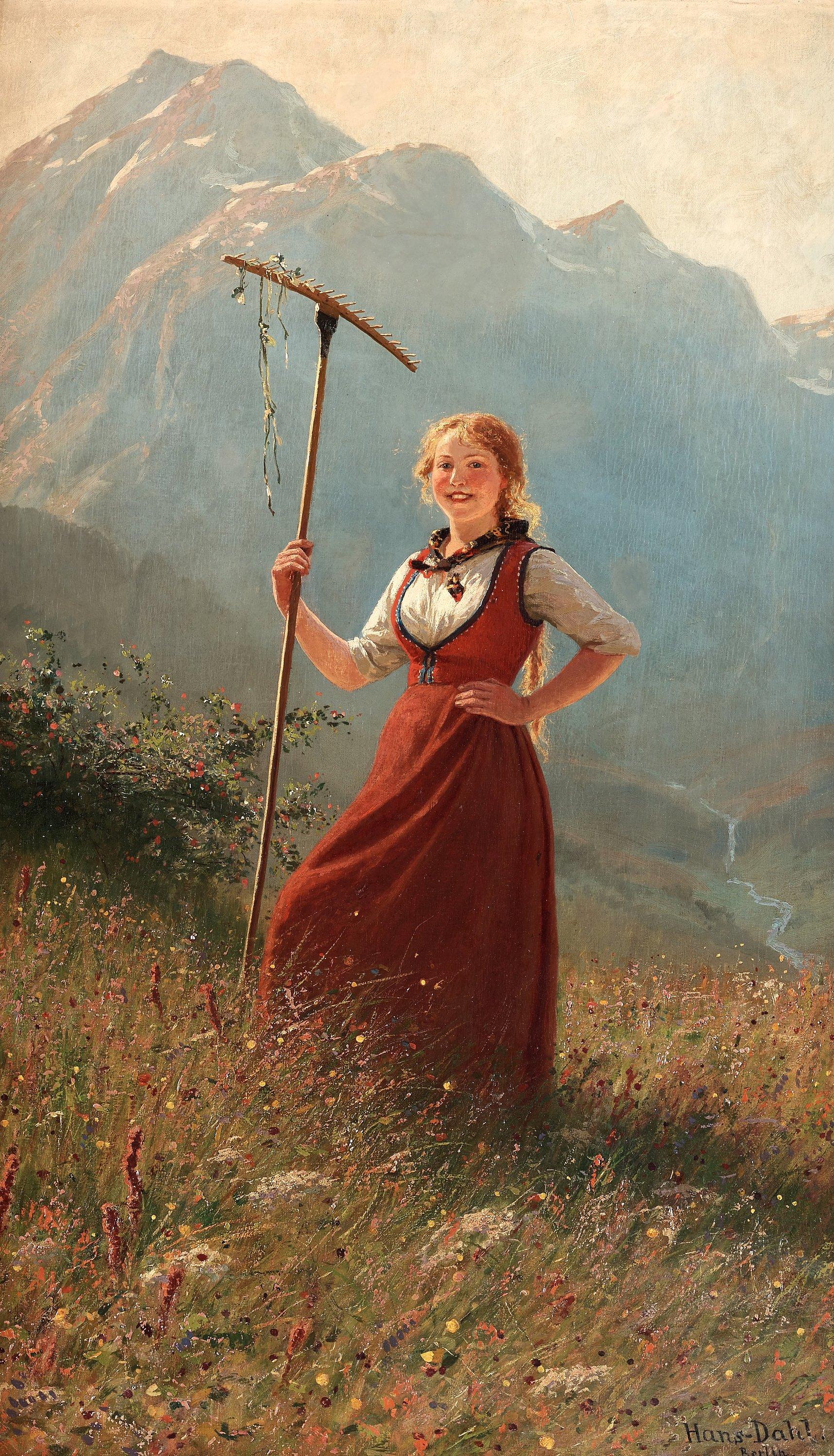 Hans Dahl - Girl in Fjord landscape