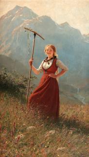 Hans Dahl - Girl in Fjord landscape