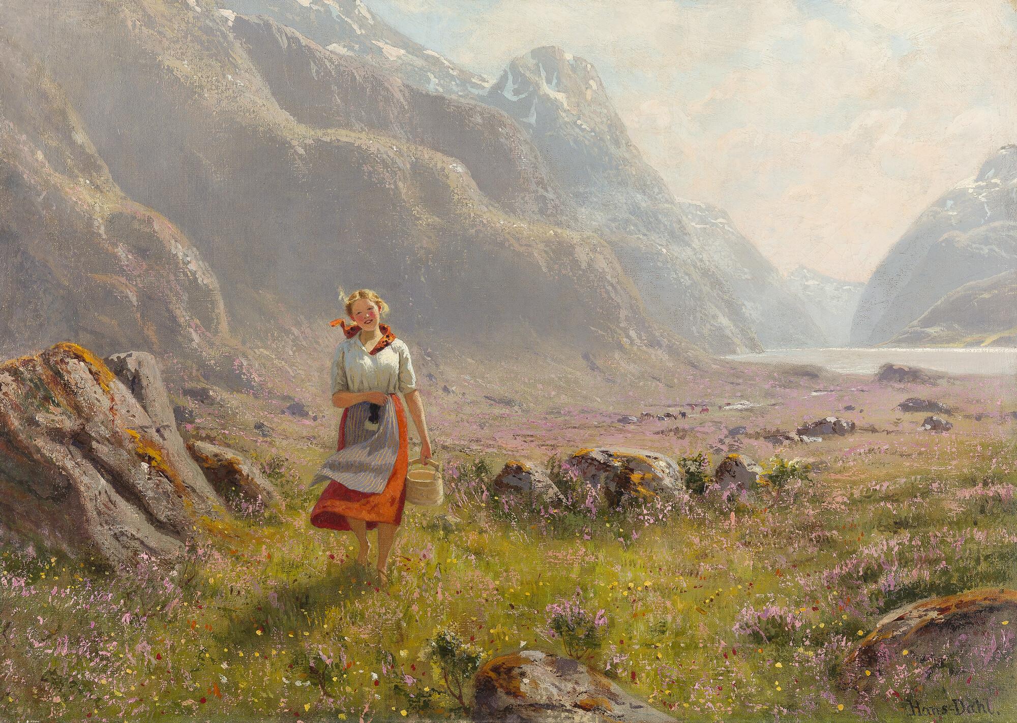 Hans Dahl - Junge Bäuerin in sommerlicher Fjordlandschaft.