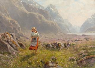Hans Dahl - Junge Bäuerin in sommerlicher Fjordlandschaft.