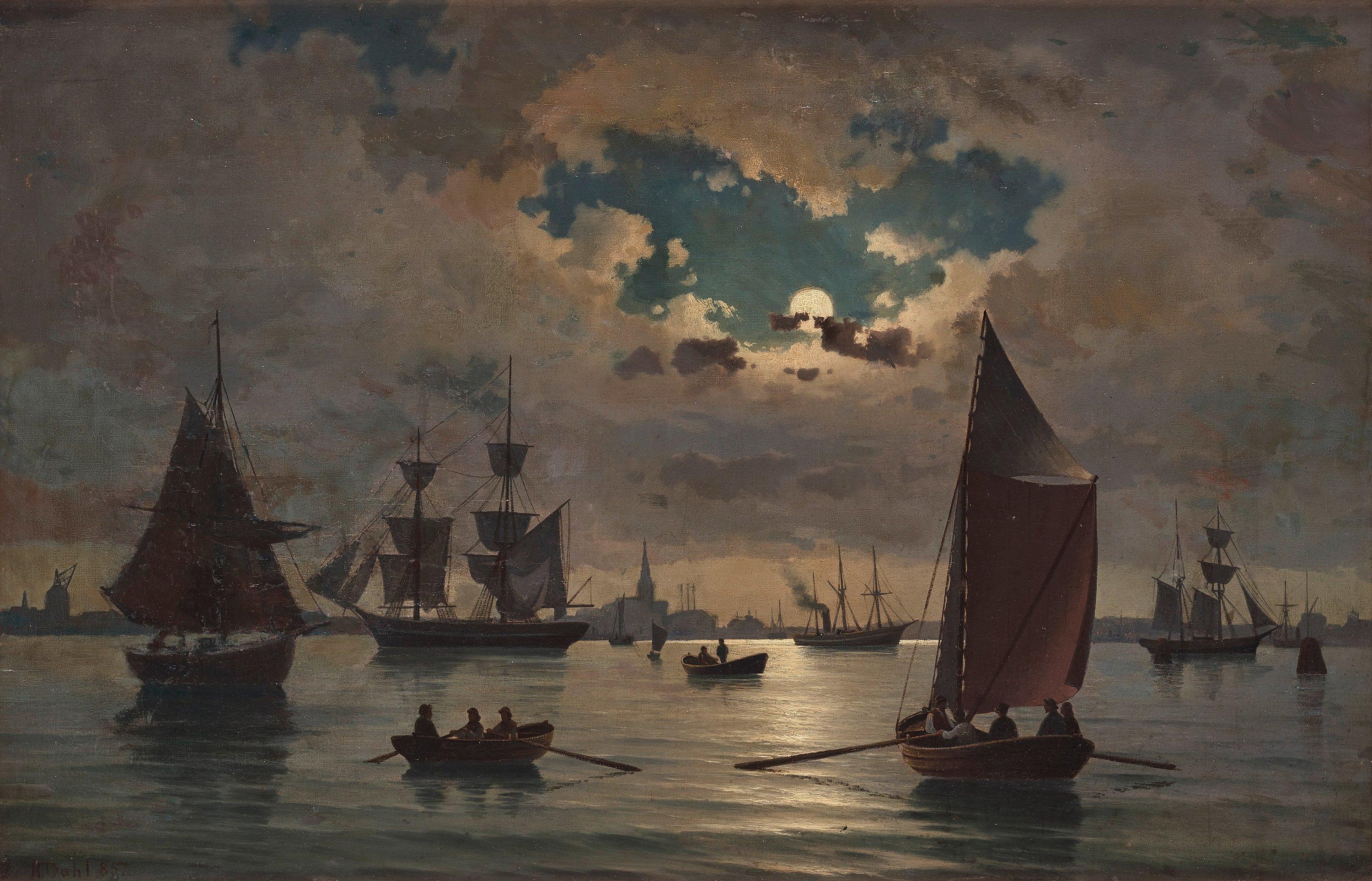 Hans Dahl - Moonlit harbour