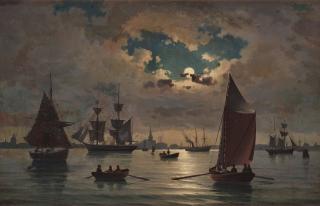 Hans Dahl - Moonlit harbour