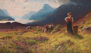 Hans Dahl - Woman in a fjord landscape