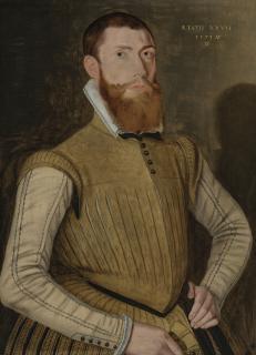 Hans Eworth - Portrait of young man, aged 27, half-length, in a tan slashed doublet, holding gloves
