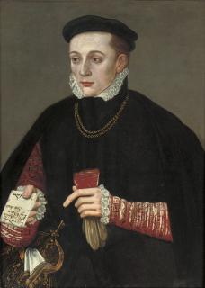 Hans Ewoutsz - Portrait of A Gentleman, Three-Quarter-Length, In A Black Cloak, A Red Doublet With Slashed Sleeves, And A Black Cap, Gloves In His Left Hand, A Letter In His Right