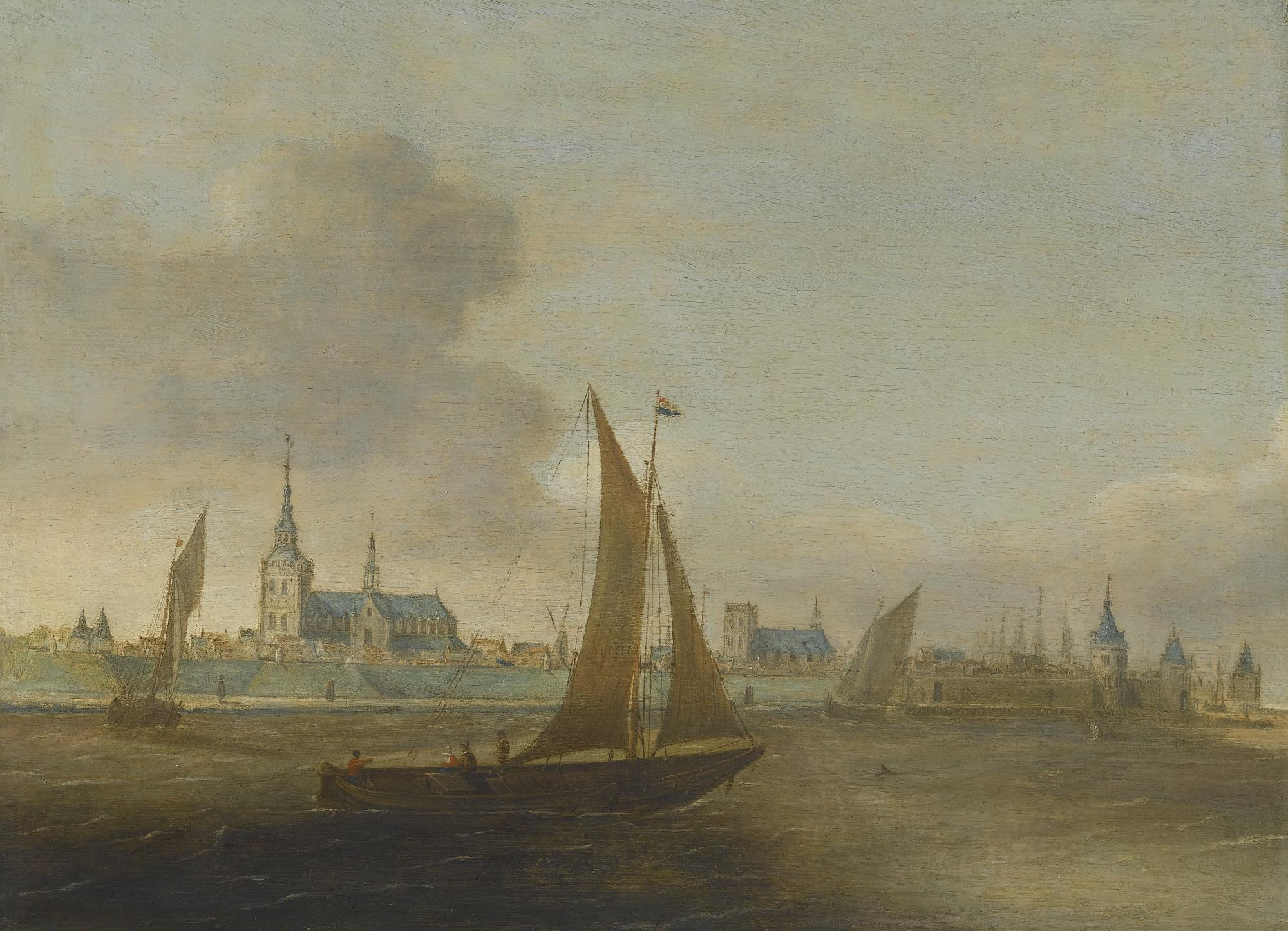 Hans Goderis - A View Of A Walled City On An Estuary With Small Vessels In The Foreground