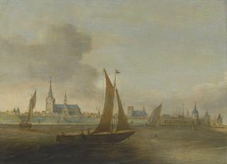 Hans Goderis - A View Of A Walled City On An Estuary With Small Vessels In The Foreground