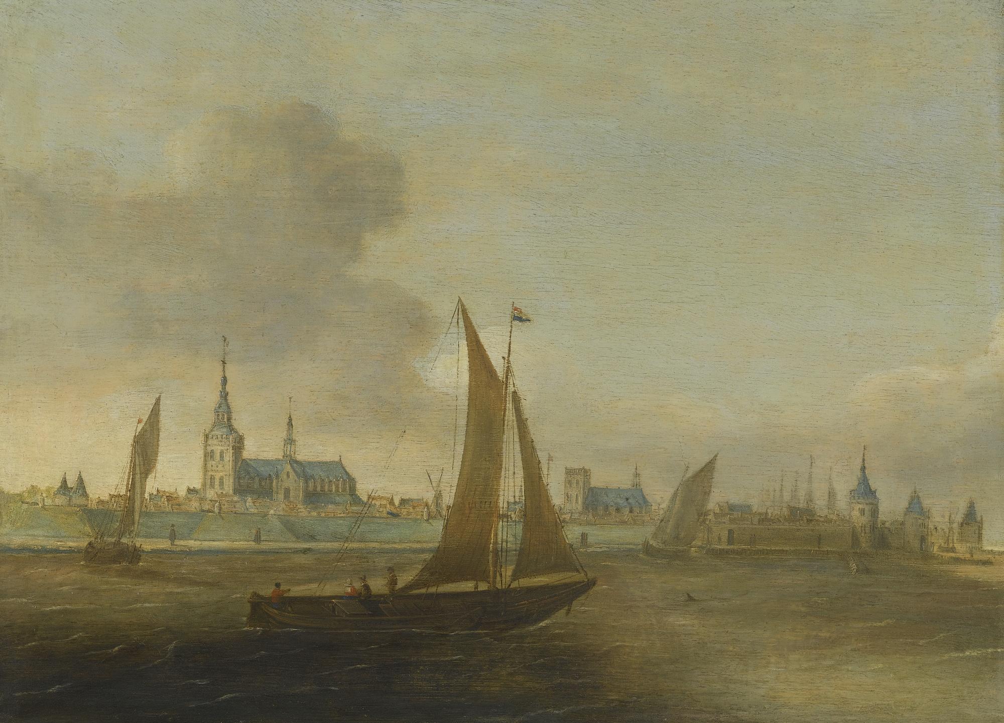 Hans Goderis - A View Of A Walled City On An Estuary With Small Vessels In The Foreground