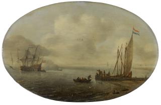 Hans Goderis - An estuary with figures on a quay and in a rowing boat to the right, watching Dutch three-master firing salutes
