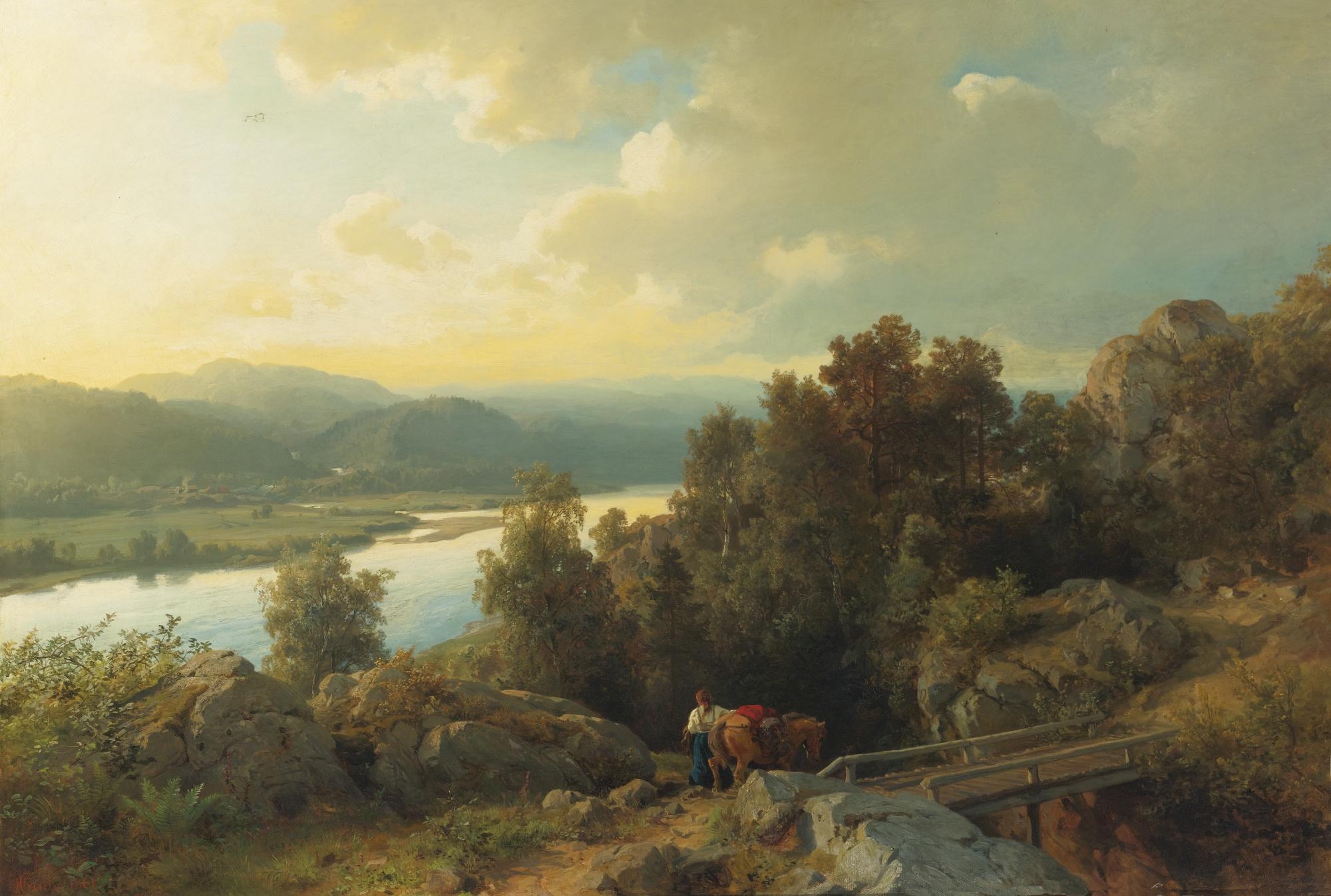 Hans Gude - Norwegian a Lakeside Landscape
