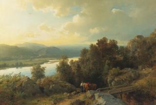 Hans Gude - Norwegian a Lakeside Landscape