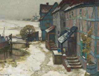 Hans Hartig - Winterlich verschneites Dorf in Pommern.