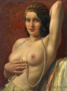 Hans Hassenteufel - Weiblicher Halbakt mit Perlenkette.
