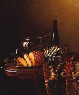 Hans Heinrich Jurgen Brandes - A bowl of punch, with a pineapple and a carpet on a table