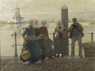 Hans Hermann - Bei Dordrecht: fisherfolk conversing on a quay