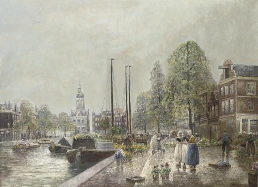 Hans Herrmann - A summer\'s day on the flowermarket with the Munttoren in the distance, Amsterdam